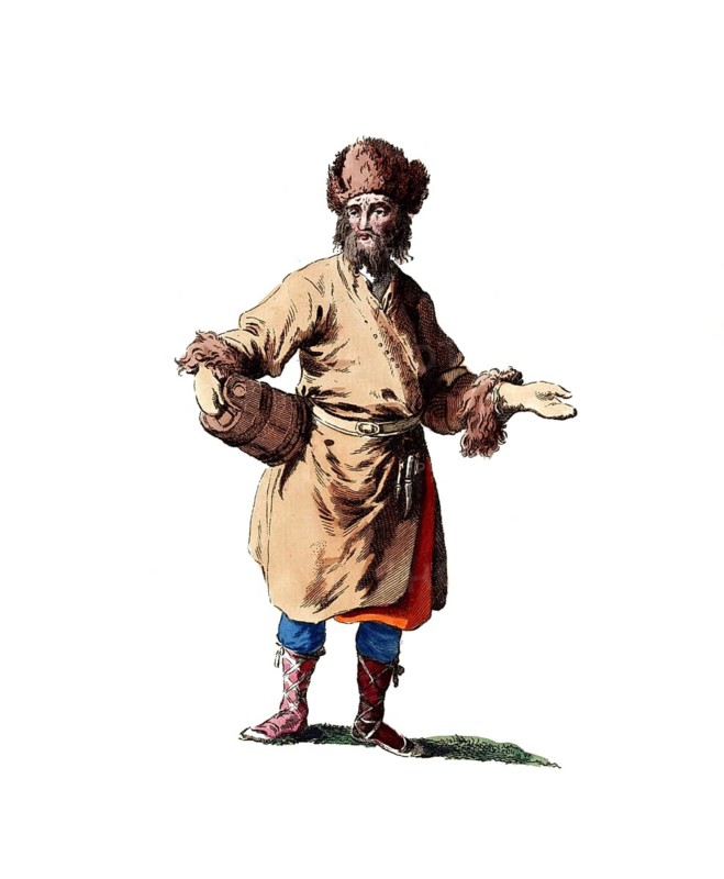 Historical clothing, fashion in the course of time, clothing of a market trader from Finland around 1768, digitally restored reproduction of a model from the 18th/19th century, exact date unknown, man in brown coat with fur trim and blue trousers, traditional rustic style