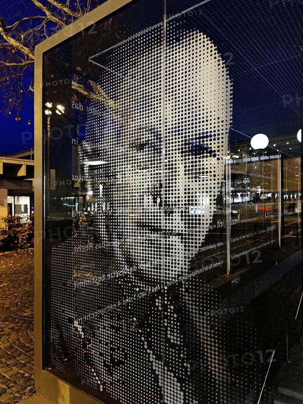 Portrait of Konrad Adenauer on the glass pane at the underground exit Heussallee and Museumsmeile, Bonn, North Rhine-Westphalia, Germany