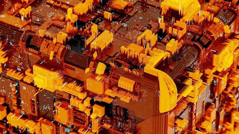 This background showcases a complex arrangement of abstract circuitry, with warm orange hues and intricate patterns that evoke a sense of advanced technology and innovation