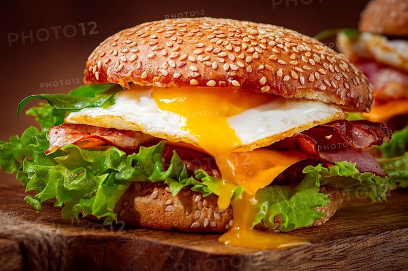 Two juicy burgers sit on a wooden board, each filled with lettuce, bacon, cheese, and fried eggs