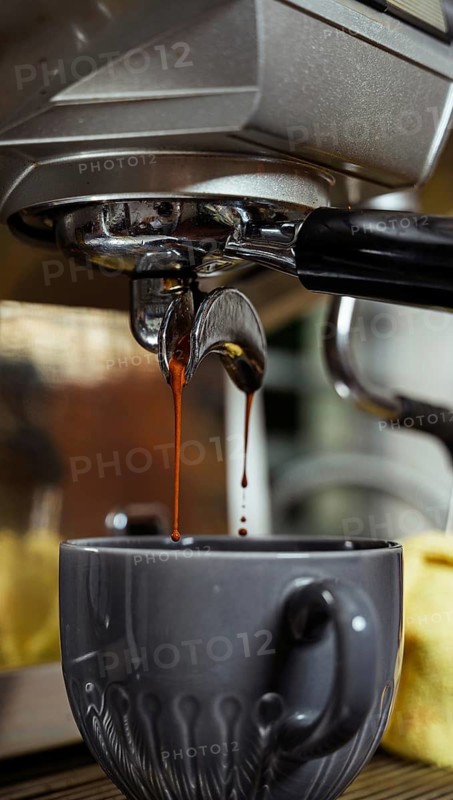 Rich espresso streams from a machine into an elegant cup, capturing a cozy cafe ambiance. Perfect for coffee lovers and cafe aesthetics enthusiasts