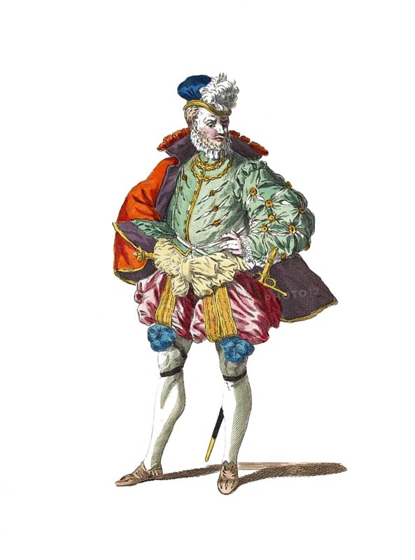 Historical clothing, fashion in the course of time, traditional costume of a German nobleman in 1577, Germany, digitally restored reproduction of a model from the 18th/19th century, exact date unknown, man in colourful Renaissance clothing with hat decoration