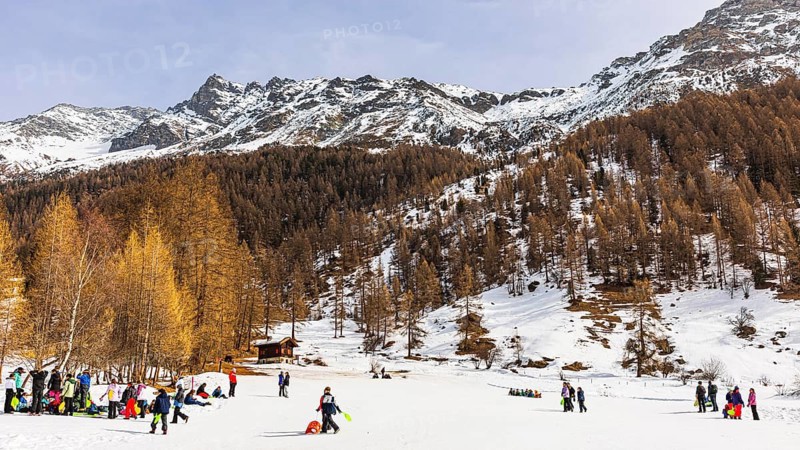 Children and young people having fun in the snow, Plat de la Lee, Zinal, Val d'Anniviers, Valais Alps, Canton of Valais, Switzerland