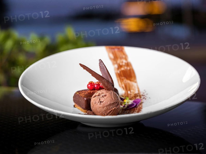 A beautifully plated chocolate brownie features rich textures and vibrant accents. It includes chocolate ice cream, fruit, and edible flowers, creating a visually appealing gourmet dish