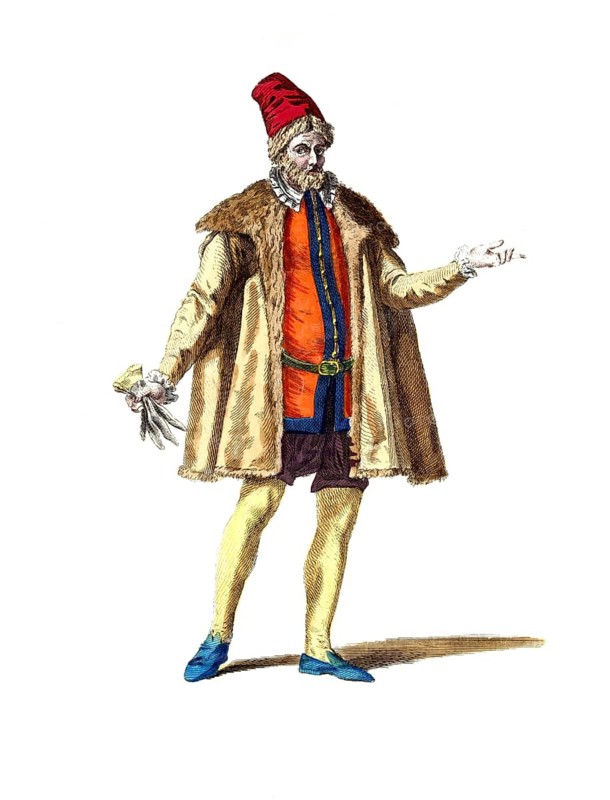 Historical clothing, fashion over time, clothing of a Polish merchant in 1766, Poland, digitally restored reproduction of a model from the 18th/19th century, exact date unknown, man in traditional clothing with fur collar, red cap and yellow stockings