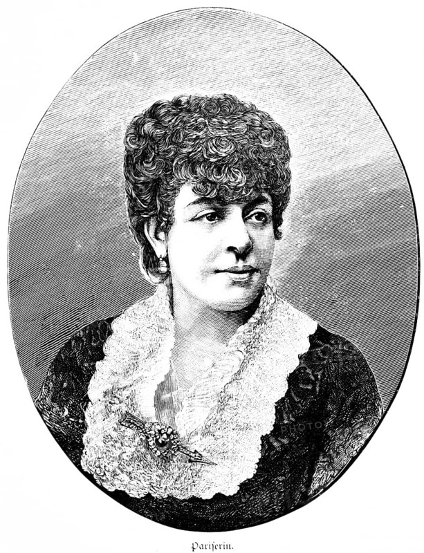 Portrait of a young Parisian woman, white frills, dress, brooch, side view, black short hairstyle, curls, friendly, optimism, oval picture, historical illustration, Paris, France, 19th century woman