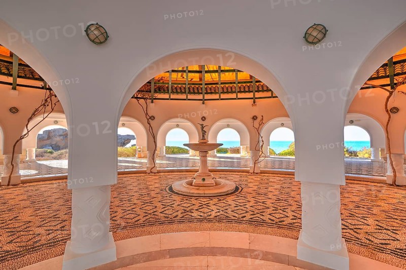 A circular room with a central fountain and a view of the sea, Kalithea, Kallithea, thermal baths, spa, Rhodes, Dodecanese, Greek Islands, Greece