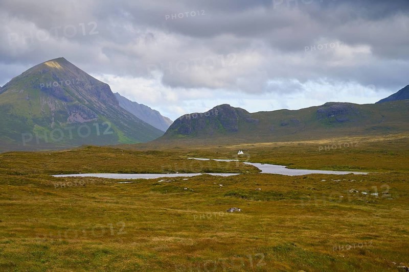 Wide hilly landscape with small lakes under a cloudy sky, Sligachan, Isle of Skye, Scotland, United Kingdom, Great Britain