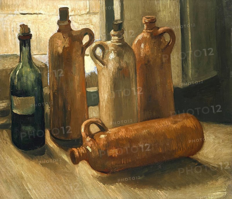 Still Life with Five Bottles (1884), Painting by Vincent Willem van Gogh (born 30 March 1853 in Groot-Zundert, died 29 July 1890 in Auvers-sur-Oise), Dutch painter and draughtsman, one of the founders of modern painting, Illustration, Reproduction from a painting. Authentic, exact date of original unknown, Historical, Several bottles and jugs standing on a wooden surface, illuminated by soft light