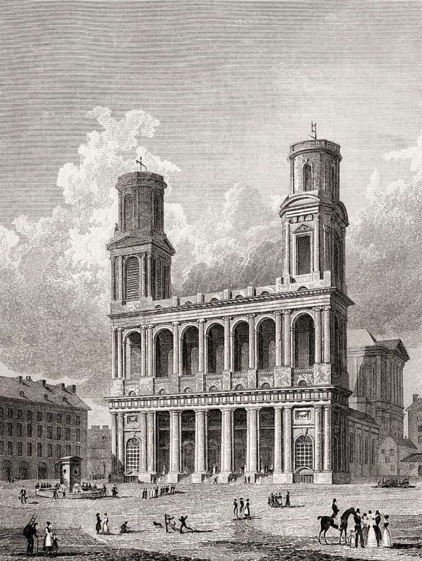 Church St Sulpice, Paris, antique steel engraved print, 1831