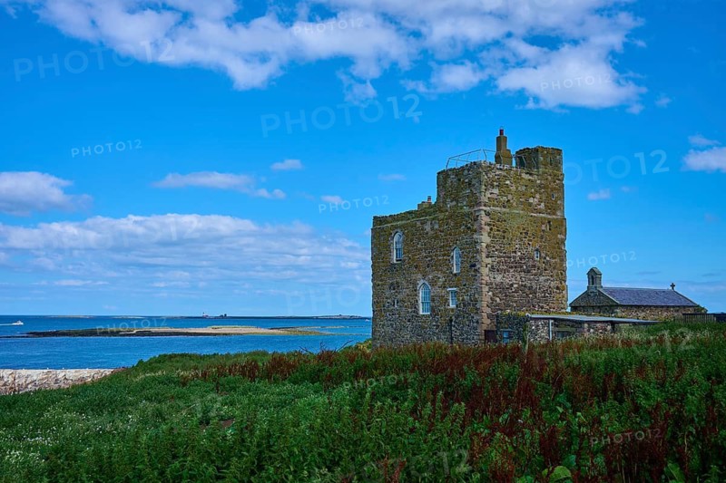 Ruined castle overlooking the sea surrounded by rural landscape under blue skies, Seahouses, Inner Frane, Ferne Islands, Northumberland, England, Great Britain