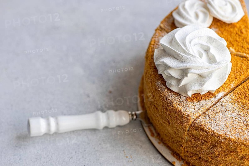 Top view of a delightful homemade honey cake topped with a creamy sour cream sauce, beautifully adorned with vanilla zephyr marshmallows. Perfect for dessert lovers and sweet treat enthusiasts