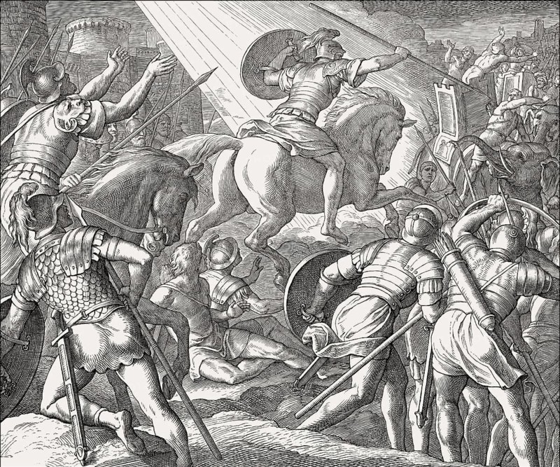 Rider on the Horse with golden armour, to fight Heliodorus, Old Testament, by Julius Schnorr von Carolsfeld