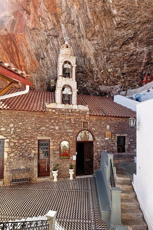 Greek orthodox monastery Elona, Moni Elonis on the cliffs, bell tower, Parnon Mountains, Arcadia, Peloponnese, Greece