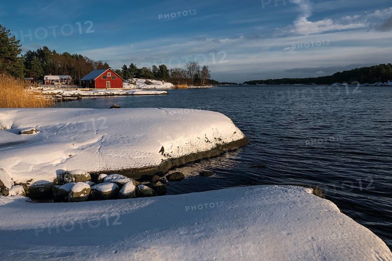 Boathouse, snowy archipelago landscape, sea, Korpoström, Korpo or Korppo, southwestern archipelago, Finland