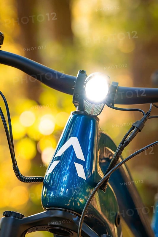 Close-up of a bicycle with front light switched on in the forest, e-bike, forest bike, Calw, district of Calw, Black Forest, Germany