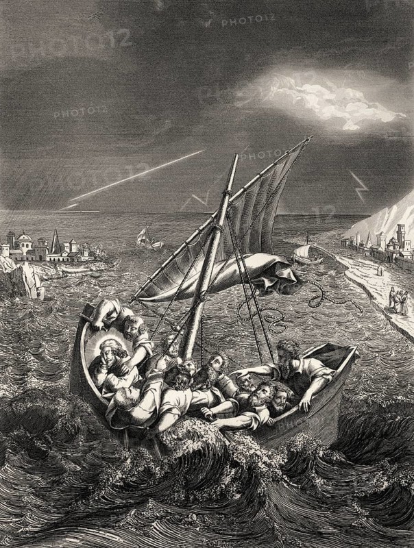 Jesus sleeps in boat during the storm, New Testament, steel engraving 1853, digitally restored