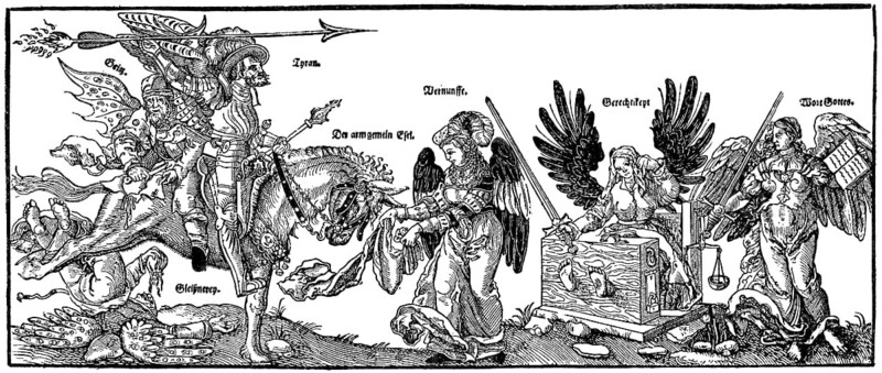 Symbolic leaflet about quality of life in the 17th Century in Germany, Europe, Historische Zeichnung, symbolisches Flublatt aus dem 16. Jahrhundert zu Lebensverhältnissen in Deutschland