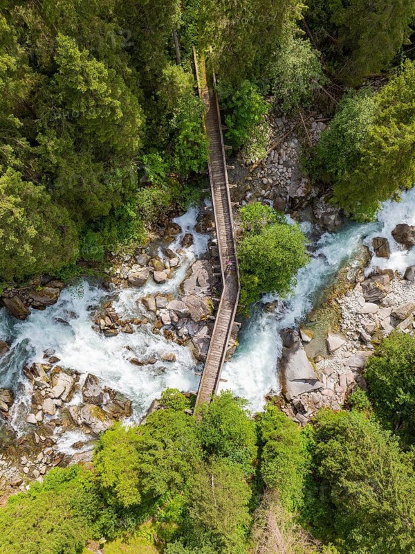 Narrow wooden bridge over a wild river in a wooded area, Zillertal, Austria, Germany