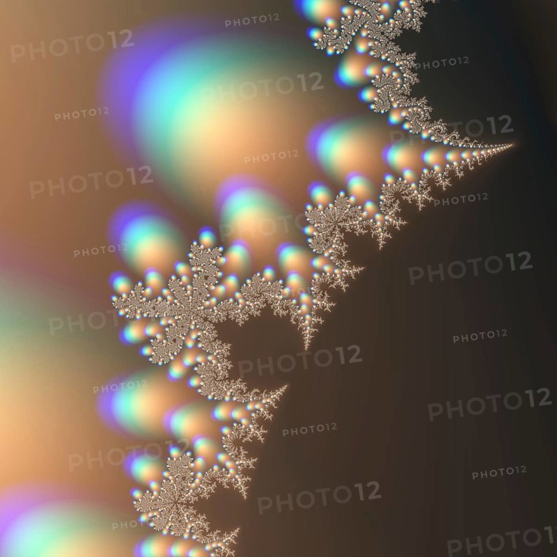 This image features detailed fractal patterns with snowflake like structures cascading over a vibrant, multicolored gradient background, blending rich hues and abstract shapes