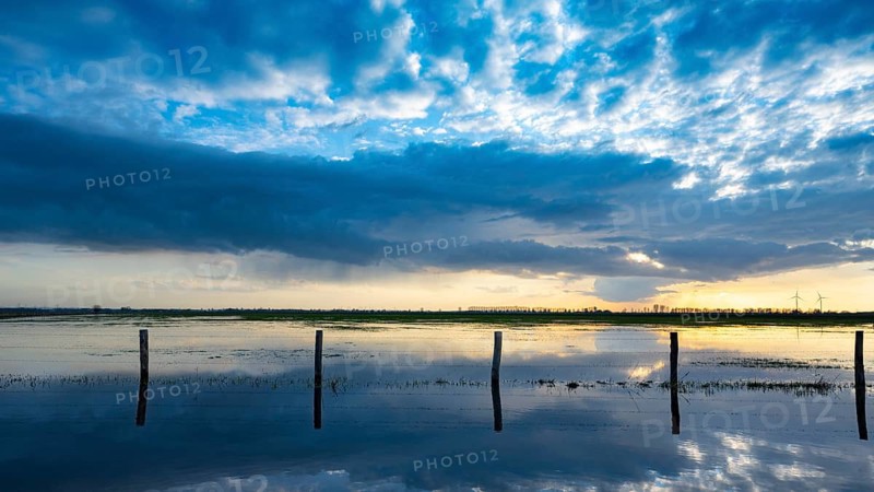 Evening sky is reflected in high water in Ochsenmoor am Dümmer, Ochsenmoor, Hüde, Lower Saxony, Germany