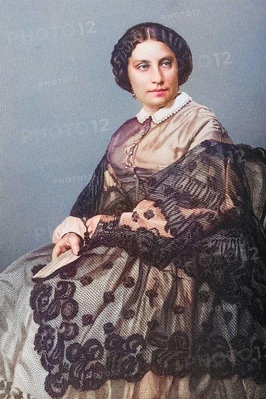 Madame Caroline Marie Felix Miolan-Carvalho, ca. 1827-1895, French singer. Painted by DJPound after a photograph by Mayall. From the book The Drawing-Room of Eminent Personages, Volume 2, published in London 1860, digitally restored reproduction from a 19th century original, record date not stated