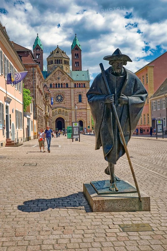 Statue of St James pilgrim, behind the imperial cathedral, westwork of Speyer Cathedral, Speyer, Rhineland-Palatinate, Germany