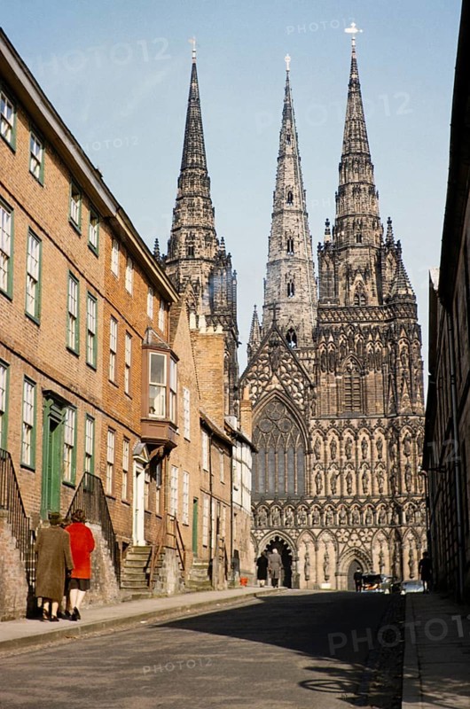 People walking in The Close towards Lichfield Cathedral Church, Lichfield, Staffordshire, England, United Kingdom, early 1960s