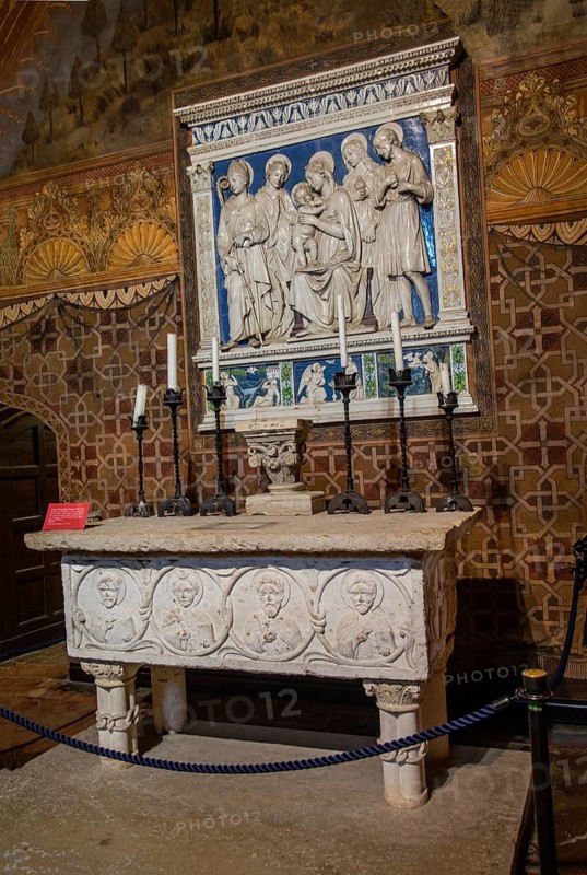 Altar in the church room of the medieval Gradara castle, Marche region, Italy
