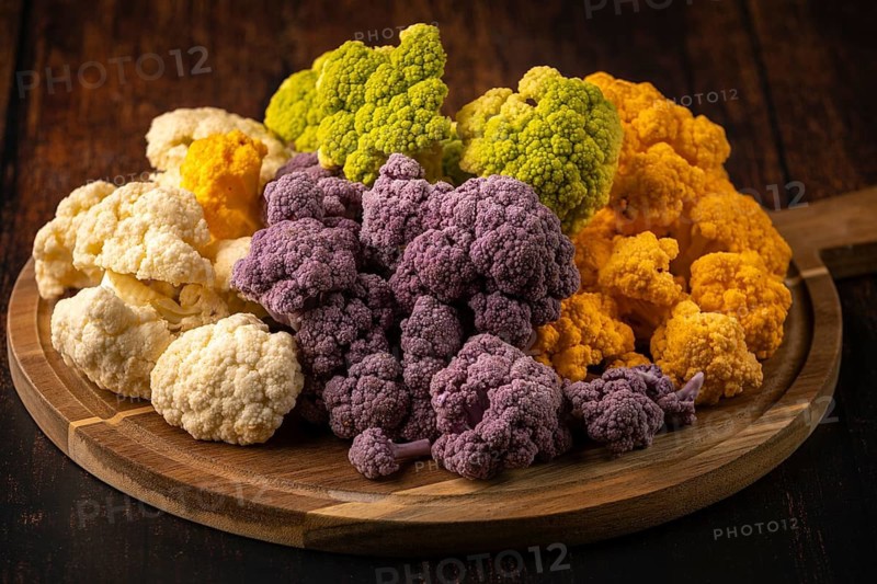 Different colored cauliflower arranged on a round wooden plate