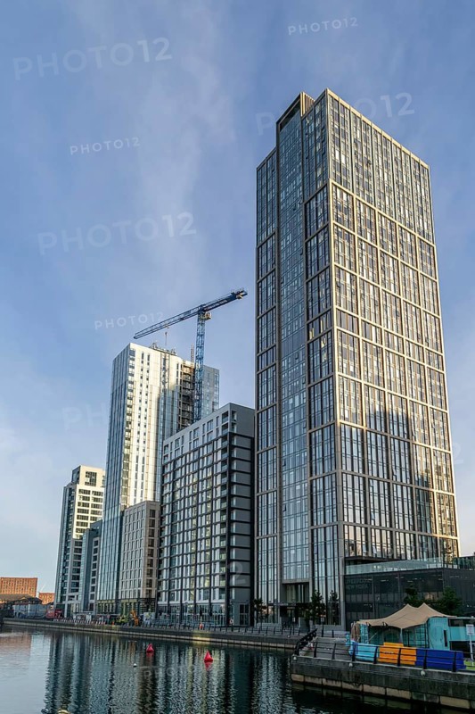 The Lexington building, 35-storey residential development by Moda Group, Princes Dock, Liverpool, England, UK built 2021 Lighthaus building behind