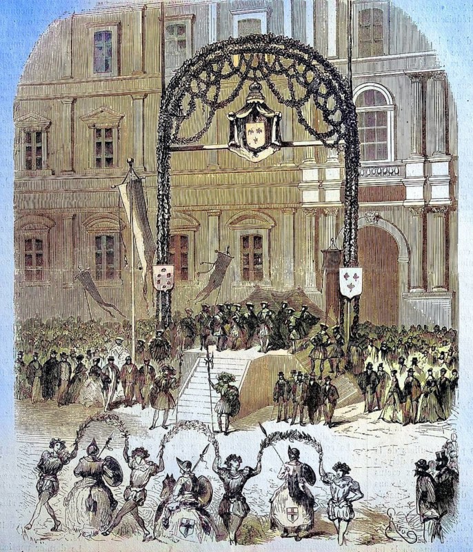Faradole, a historical Provençal folk dance, danced in front of the king's tribune in the park of the castle in Marseille on the occasion of a charity event, 1869, France, Historical, digitally restored reproduction of a 19th century original