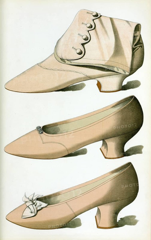 Shoe fashion in 1900, women's shoes, heliotrope coloured shoes, satin boot, satin shoe with trio of steel daisies, satin bridesmaid's shoe with silk ribbon bow, heliotrope coloured footwear, satin boot, satin shoe with trio of steel daisies, satin bridesmaid's shoe with silk ribbon bow (1900)