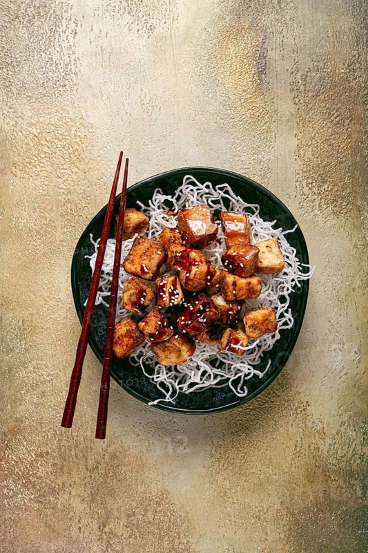 Fried eggplant, with funchosa noodles, with teriyaki sauce and sesame seeds, homemade, no people