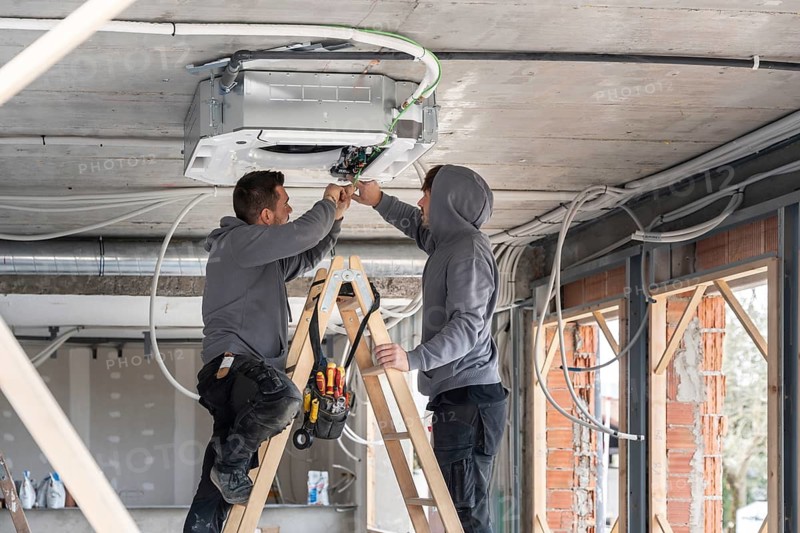 Hvac technicians working on a ladder, connecting wires to an air conditioning system mounted on the concrete ceiling during construction of a modern residential or commercial property