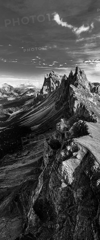 The peaks Sas Rigais and Furchetta of the Geisler Group, panoramic photo, drone photo, black and white photo, Val Gardena, Dolomites, Autonomous Province of Bolzano, South Tyrol, Italy