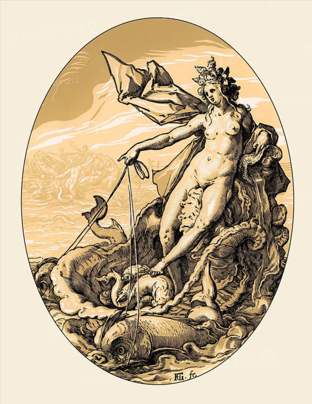 Hendrick Goltzius, Galatea pulled by dolphins, 1588/1590, digitally restored