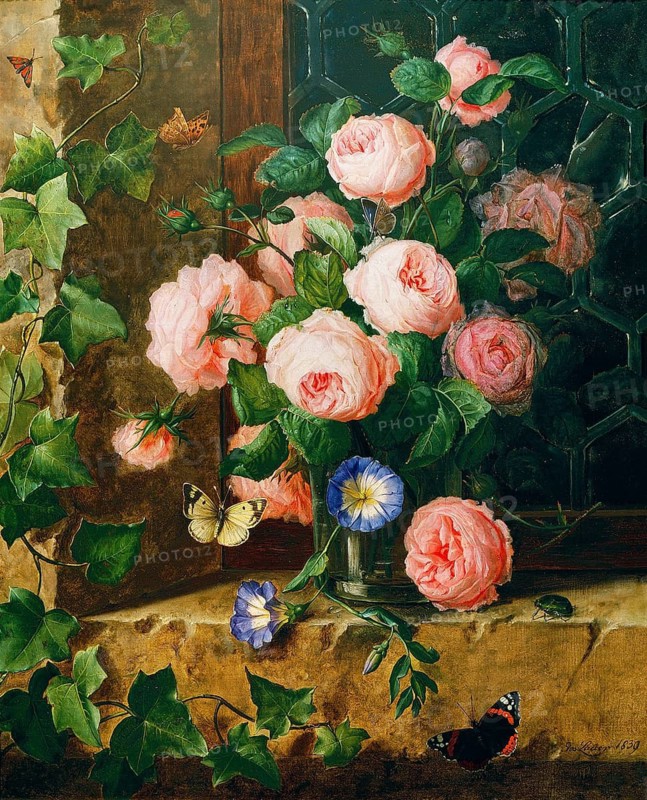 Floral still life, roses and butterflies on a windowsill in a pastoral scene, painting by Josef Lauer (1818, 1881), Austrian still life painter