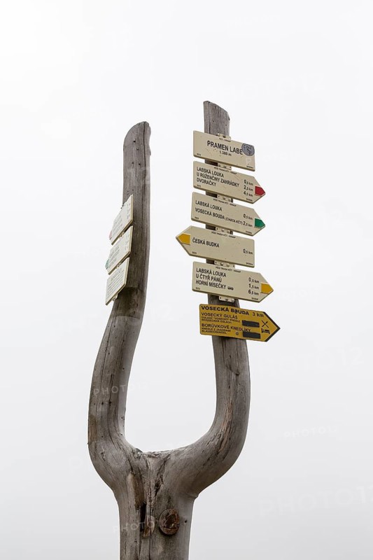 Signpost at the source of the Elbe at an altitude of 1380m, Giant Mountains, Czech Republic
