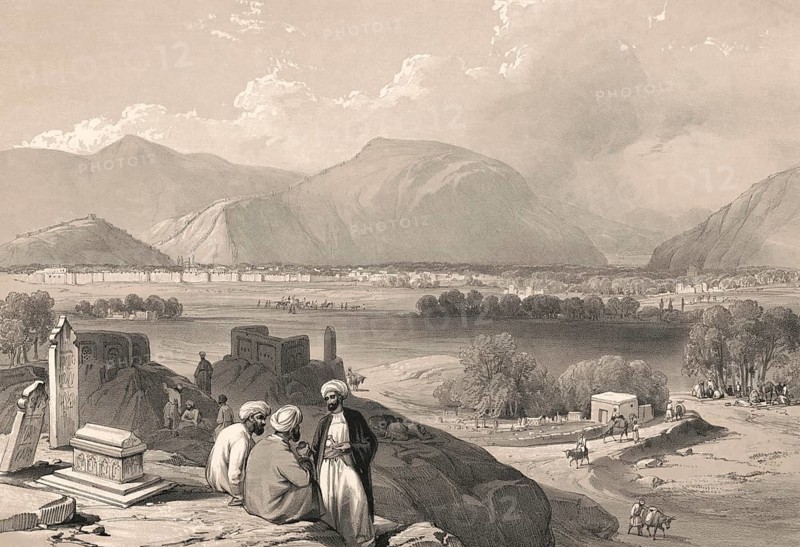 Afghan men at Kaga-Suffa cemetery overlooking the city of Kabul, Afghanistan, First Anglo-Afghan War, sketch by James Atkinson, 1839