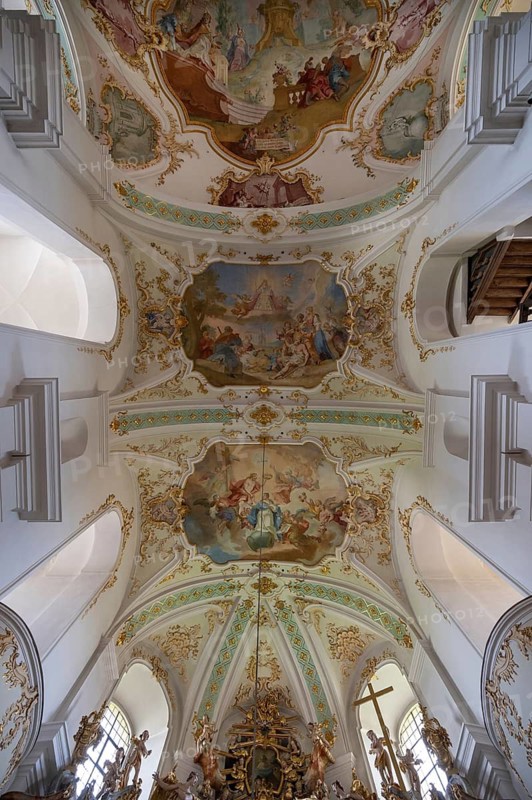 Vaults with ceiling paintings in the Maria Brünnlein pilgrimage basilica in rococo style built between 1748 and 1782, Wemding, Swabia Bavaria, Germany