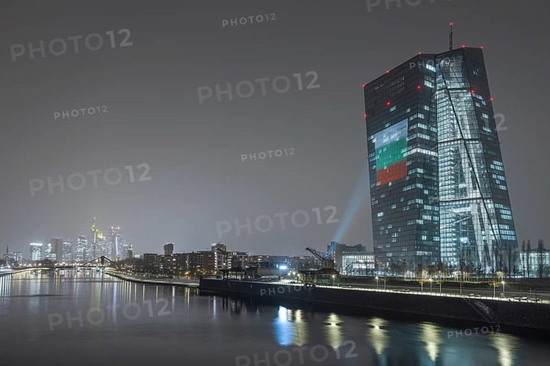 The façade of the European Central Bank (ECB) in Frankfurt am Main will be illuminated with a light show to mark the introduction of the euro in Bulgaria on 1 January 2026, Frankfurt am Main, Hesse, Germany