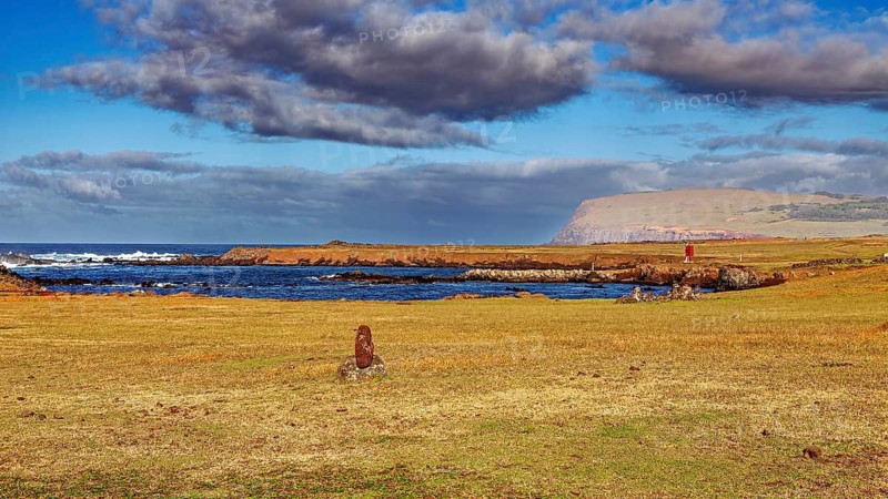 Grassland stretches to the coast, under a blue sky with clouds on Easter Island, the Moai statues on Easter Island in the Pacific Ocean