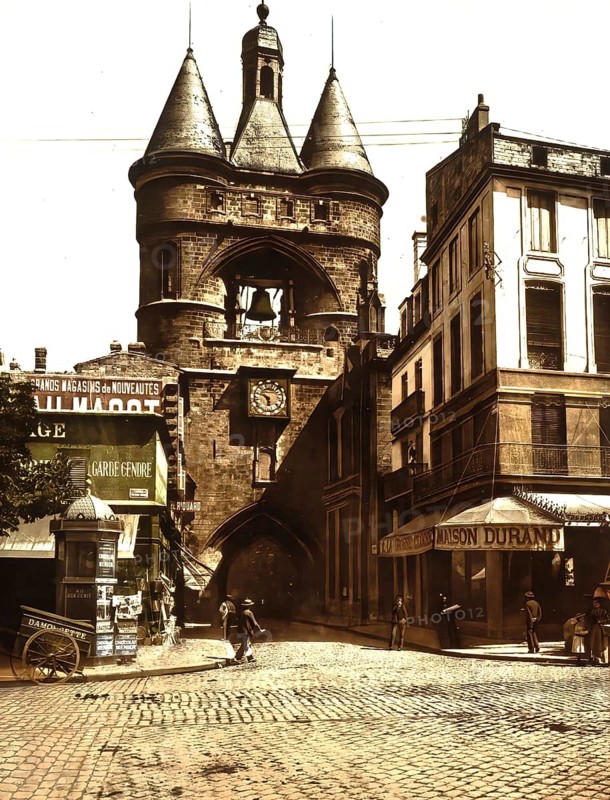 The Clock Tower, Bordeaux, Nouvelle-Aquitaine, France, c. 1890, Historic, digitally enhanced reproduction of a photochrome print from 1895