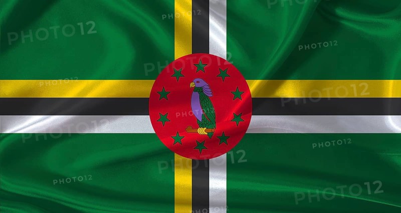 National flag of Dominica with cloth texture. Dominica flag with realistic texture background