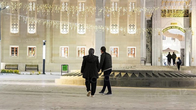 Muslims perform Tarawih prayers at the Millet Mosque, the second largest mosque in Turkey, which is beautifully decorated with festive Ramadan lights amidst a spiritual atmosphere in Gaziantep, Turkey on March 11, 2026, Gaziantep, Turkey