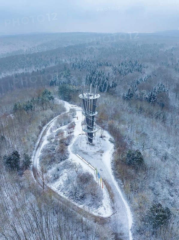 Large tower and snow-covered forest surrounded by a wintry panorama, Schönbuchturm, Herrenberg, Germany