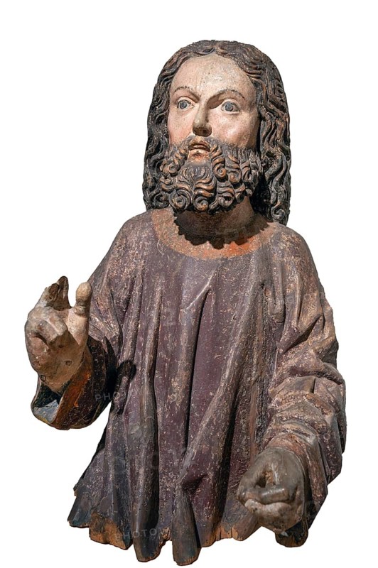 Palm tree figure of Jesus, around 1470, on a white background, only the corpus remains, Strigel Museum, Martin-Luther-Platz 1, Memmingen, Swabia, Bavaria