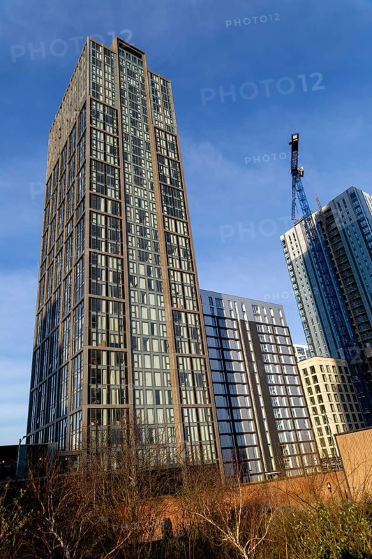 The Lexington building, 35-storey residential development by Moda Group, Princes Dock, Liverpool, England, UK built 2021 Lighthaus building behind