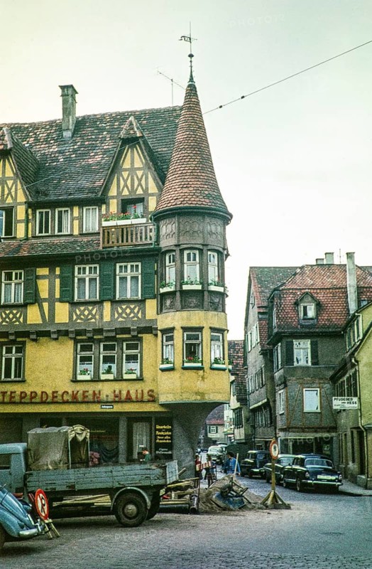 Historic buildings in a street of the old town of Tübingen, Swabia, Germany, Europe 1959